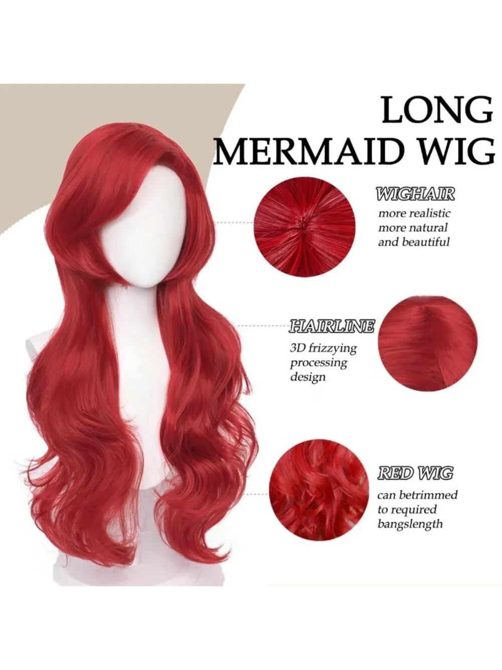 Long Red Curly Mermaid Wig - Body Wave Costume Wig for Halloween & Cosplay + Wig
